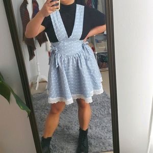 VINTAGE GIRLS Chambray Deep V Eyelet Overall Dress